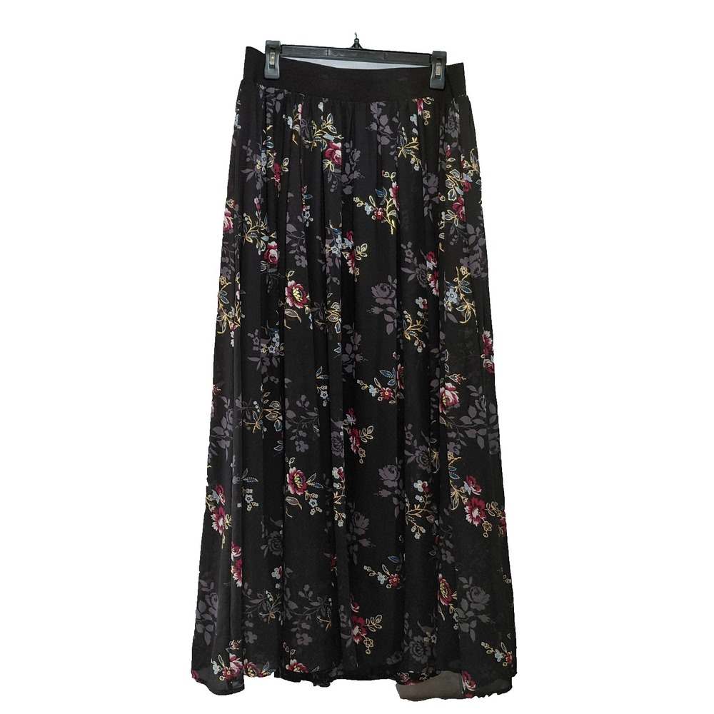 Torrid Black Chiffon Floral Maxi Skirt LG 12 Full Gathered Flowy Whimsigoth